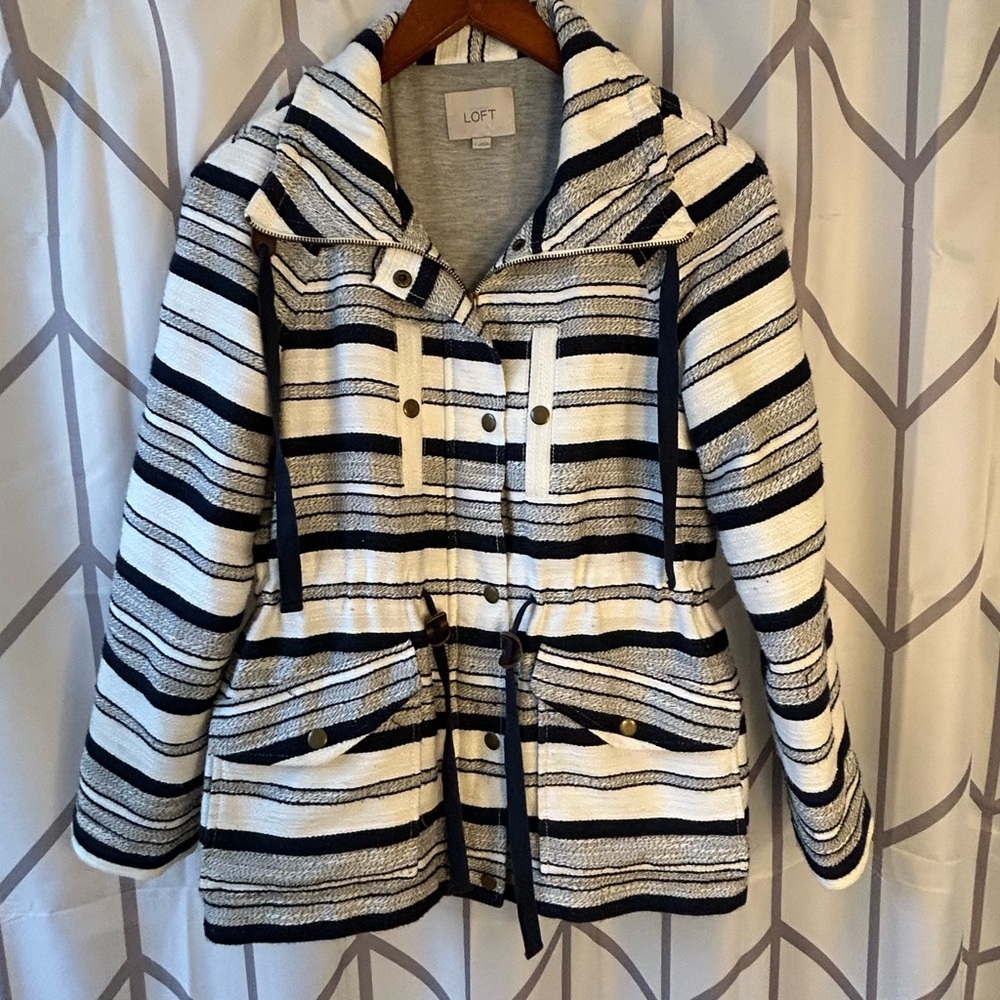 LOFT Women's Utility Jacket - Navy and White Stripes